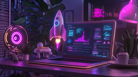 A vibrant futuristic workspace showcasing a laptop with a rocket animation and neon accents. The scene creates an inspiring atmosphere for creativity and innovation.の素材