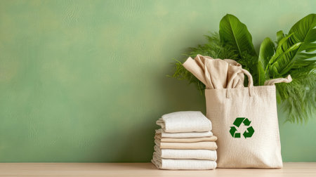 An eco-friendly arrangement featuring stacked towels and a reusable bag against a soothing green backdrop, promoting sustainable living and natural aesthetics.の素材