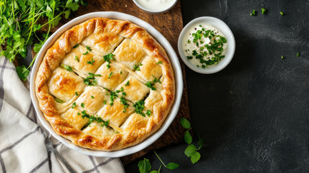 A golden brown savory pie adorned with fresh herbs sits on a rustic wooden table. Accompanied by a creamy sauce, this dish offers a delightful homemade flavor perfect for any meal.の素材