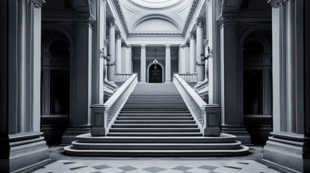 A stunning view of a grand staircase within a historical building, showcasing elegant architecture with intricate columns and a serene ambiance.の素材