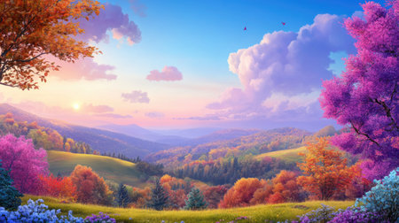 A breathtaking landscape showcasing colorful trees and a vibrant sunset over rolling hills, capturing the essence of a tranquil and serene outdoor scene.の素材