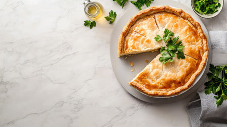 A beautifully presented homemade savory pie garnished with fresh parsley sits on a marble surface, perfect for dining occasions or casual meals.の素材