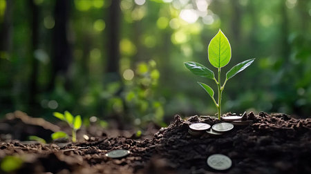A vibrant green plant emerges from rich soil, accompanied by coins, symbolizing growth and financial prosperity in a serene forest setting. Light filters through the trees, enhancing the beauty of this natural scene.の素材