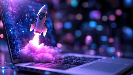 A stunning visual of a laptop with a rocket launching from the screen, surrounded by colorful clouds. This image embodies creativity and innovation in technology and business.の素材