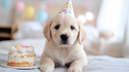 An adorable golden retriever puppy wearing a party hat sits beside a delicious birthday cake, capturing the essence of joy and celebration in a cozy indoor setting.の素材