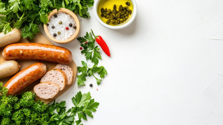 A colorful arrangement of fresh sausages, herbs, and spices on a white background, perfect for culinary inspiration or recipe creation in any kitchen.の素材