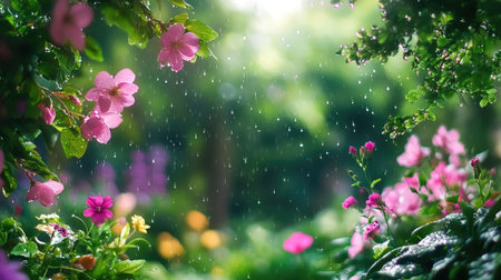 A serene garden scene featuring colorful flowers with raindrops gently falling, creating a tranquil atmosphere in a lush natural setting.の素材