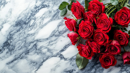 A bouquet of red roses elegantly arranged on a marble surface, representing romance. No people. Copy space.の素材