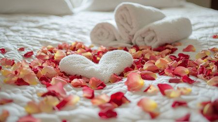 A beautifully set bed with a heart-shaped towel arrangement and rose petals. No people. Copy space.の素材