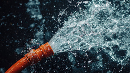 A close-up image of a garden hose spraying water against a dark background. The scene captures the dynamic motion and vibrant droplets, creating an energetic effect.の素材