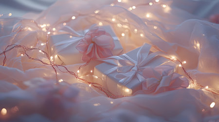 Delicate arrangement of gift boxes wrapped in soft white and pink ribbons, softly glowing with twinkling fairy lights, creating a serene festive atmosphere.の素材