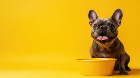 Cheerful French Bulldog sitting beside a yellow bowl on a vibrant yellow background, embodying happiness and playful energy in a cozy indoor setting.の素材