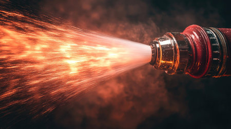 A close-up capture of a fire hose spraying water with flames and smoke in the background, showcasing firefighting action and emergency response dynamics.の素材