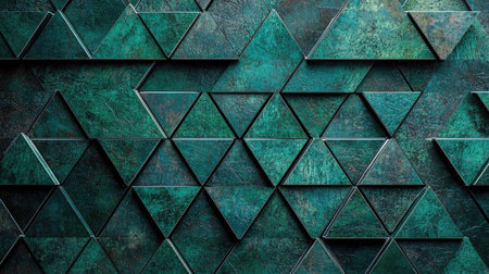 This image showcases a detailed arrangement of triangular patterns in various shades of green, emphasizing texture and design. Ideal for backgrounds and modern aesthetics.の素材
