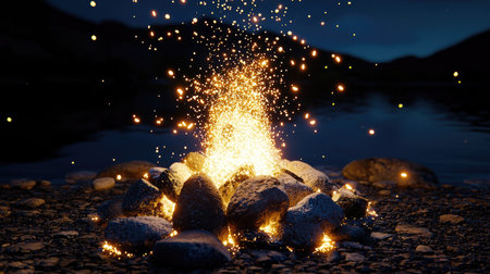 A mesmerizing campfire erupts with glowing sparks at night by a serene lake. The warm light contrasts beautifully with the tranquil water, creating a peaceful atmosphere ideal for relaxation and storytelling while camping.の素材