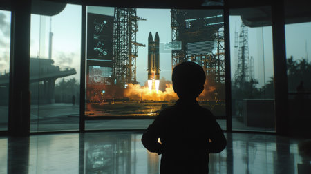 A young child observes a spectacular rocket launch displayed at a space exhibition, capturing awe and wonder in a modern interactive environment.の素材