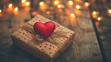 A beautifully wrapped gift box featuring a sparkling heart sits on a wooden table, surrounded by warm fairy lights, perfect for love and celebration.の素材