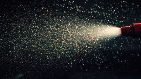Vibrant water spray bursts from a garden hose nozzle, creating an engaging visual effect against a dark backdrop, perfect for illustrating freshness and vitality.の素材