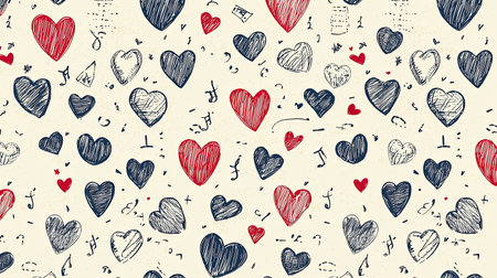 A vibrant and playful hand-drawn pattern featuring colorful hearts in red and navy blue, ideal for backgrounds or various creative projects.の素材