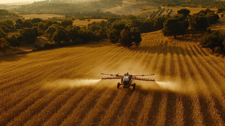 Aerial view captures a tractor spraying fertilizer across a golden field, showcasing the vital processes of modern agriculture and land cultivation.の素材