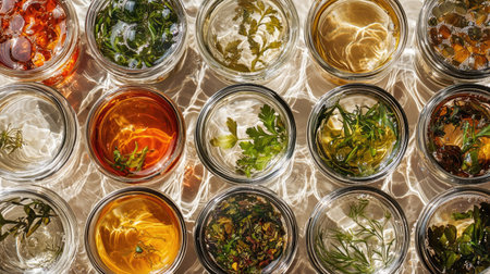 A vibrant arrangement of assorted jars filled with colorful herbs and oils, beautifully reflecting sunlight. Perfect for culinary and wellness themes, showcasing nature's ingredients.の素材