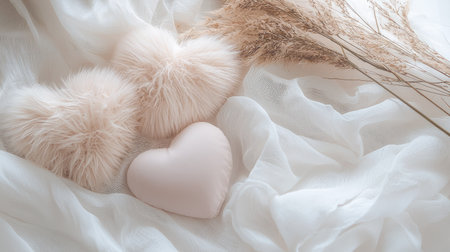A tranquil scene featuring soft plush hearts nestled among delicate fabrics and dried plants, creating a serene aesthetic for romantic or cozy settings.の素材