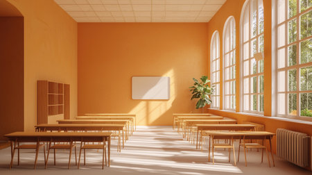 A bright and modern classroom featuring orange walls and large windows. The space includes wooden desks and chairs, creating a warm and inviting atmosphere for learning.の素材