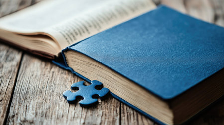 A blue hardcover book lies open on a rustic wooden table with a puzzle piece tucked in. This image captures the essence of learning, knowledge, and creativity.の素材