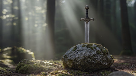 A mystical sword stands proudly in a moss-covered rock, bathed in ethereal sunlight. This peaceful forest scene evokes a sense of adventure and serenity, ideal for fantasy-themed projects.の素材