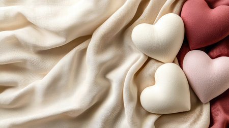 This image features soft heart shapes resting on elegant cream fabric, creating a warm and romantic atmosphere suitable for home decoration or gift ideas.の素材