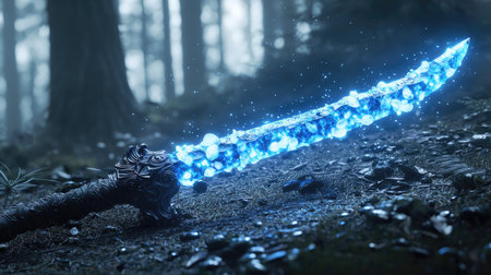 A stunning enchanted sword with a glowing blue blade lies in a mysterious forest, surrounded by nature. The magical weapon showcases intricate design and captivating light.の素材