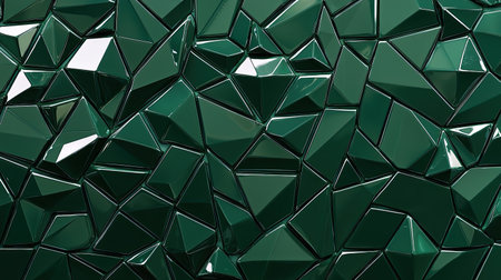 This image features an abstract background of glossy green geometric shapes, creating a striking three-dimensional effect with a modern, elegant aesthetic. Perfect for design needs.の素材