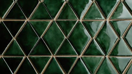 A close-up view of glossy green ceramic tiles arranged in a geometric triangle pattern, ideal for interior design projects and creative backgrounds.の素材