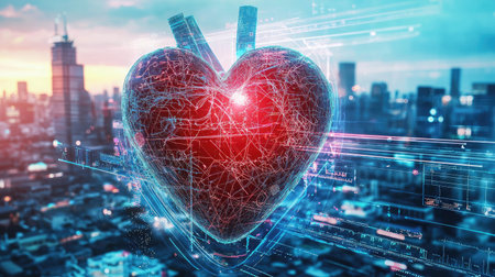 A vibrant digital heart representation above a city, blending technology with emotion. The image captures a unique expression of love and innovation in a modern urban environment.の素材
