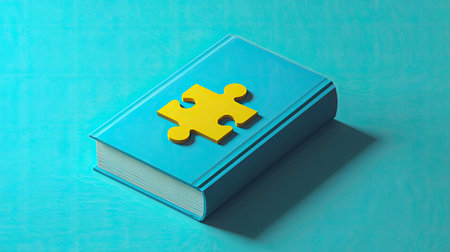 A vibrant blue book featuring a yellow puzzle piece symbolizes knowledge and problem-solving in a creative and educational context, perfect for conceptual designs.の素材