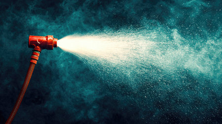 A dynamic image depicting a powerful spray of water from a fire hose against a dark, smoky backdrop, showcasing the force and effectiveness of firefighting equipment.の素材