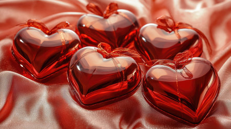 Five glossy red heart-shaped decorations arranged elegantly on a silky fabric background, perfect for evoking feelings of love and romance during special celebrations.の素材