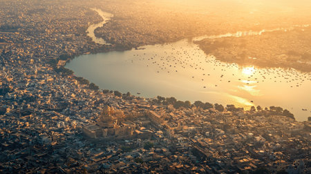 A breathtaking aerial view of a vibrant city at sunset, showcasing the tranquil river and urban landscape, with reflections shimmering in the water.の素材
