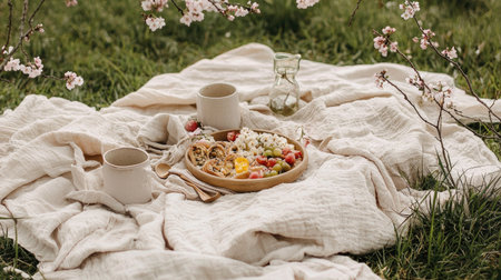 A picturesque picnic scene featuring a cozy blanket, refreshing fruits, and delicate flowers, perfect for enjoying a sunny day outdoors with friends or family.の素材