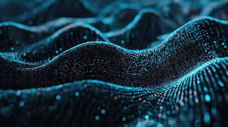 Explore an abstract representation of waves illuminated in dark blue and black tones. This digital artwork showcases motion and texture, creating a captivating visual experience.の素材