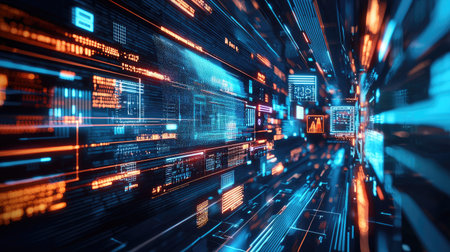 Experience a vibrant abstract representation of data streaming through a futuristic digital landscape. Bright colors and glowing elements create a dynamic visual.の素材