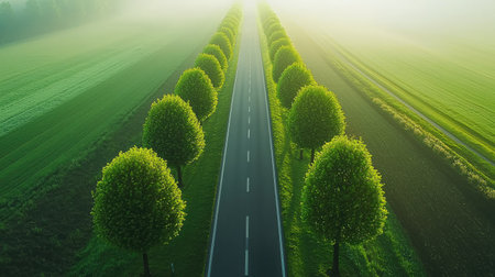 An enchanting aerial perspective of a tree-lined roadway surrounded by lush green fields, creating a tranquil scene of nature's beauty under soft morning light.の素材