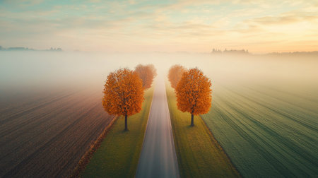 A breathtaking view of a serene road lined with vibrant orange trees under a gentle morning mist. This peaceful autumn landscape captures the beauty of nature in fall.の素材