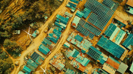An aerial perspective showing rural homes outfitted with solar panels and wind turbines, highlighting the integration of sustainable energy in remote communities.の素材