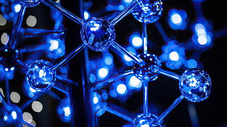 This vibrant, abstract image features a blue molecular structure illuminated with bright lights, creating a captivating bokeh effect. Ideal for science and technology themes.の素材
