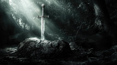 A captivating image of a sword embedded in stone, surrounded by vibrant forest light. This enchanting scene evokes feelings of mystery and adventure.の素材