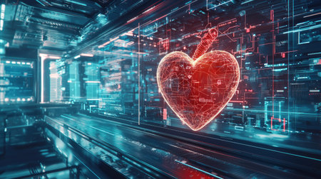 A vibrant holographic heart model showcases advanced technology in a digital environment. Neon lights and data elements create a captivating atmosphere.の素材