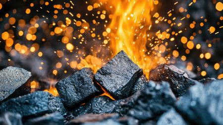 A dynamic close-up of burning charcoal with bright sparks illuminating the dark background, showcasing the beauty of fire and warmth in a unique composition.の素材