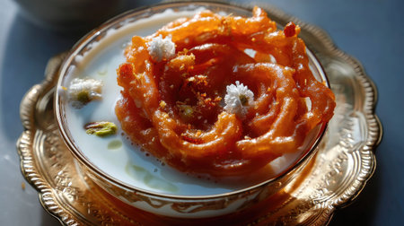 Indulge in this exquisite traditional dessert featuring sweet syrup-soaked strands, creamy milk, and delicate floral garnishes, perfect for culinary enthusiasts.の素材