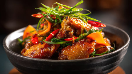 Indulge in this vibrant dish of spicy chicken wings, beautifully garnished with fresh vegetables and herbs, perfect for sharing or enjoying solo.の素材